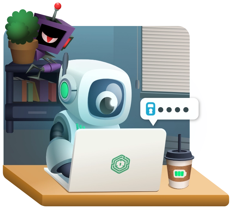 Morri on his computer typing in a password and Dr Bot is hiding behind a pot plant shoulder surfing and invading his privacy
