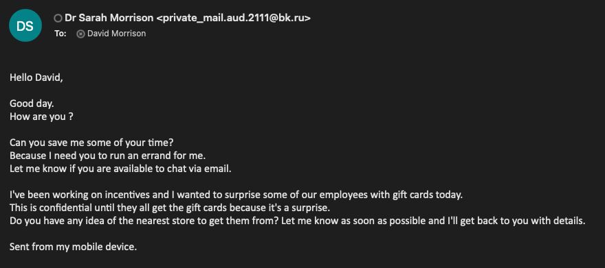 screenshot of bec scam email trying to get someone to buy gift cards