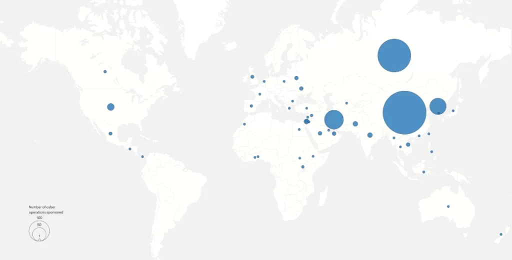 map showing cyber operations around the world between 2005 and 2022