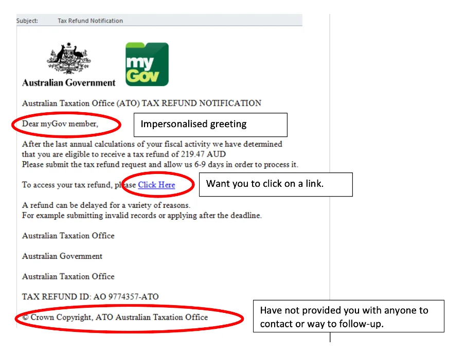 Fake ATO tax refund email tricking a victim into clicking a link - screenshot