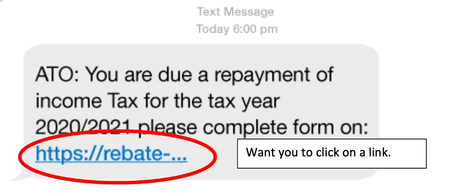 Screenshot of an ATO tax time scam rebate SMS