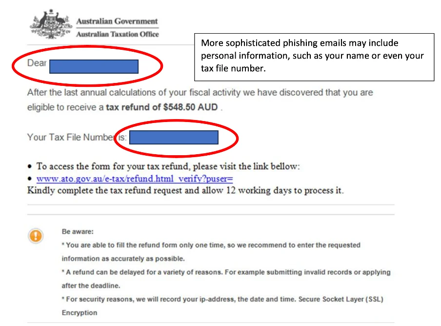 Screenshot of Australian Taxation Office scam email using the victims tax file number to legitimise it