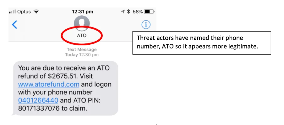 ATO tax time scam SMS offering a refund of $2675 if they login to a malicious link