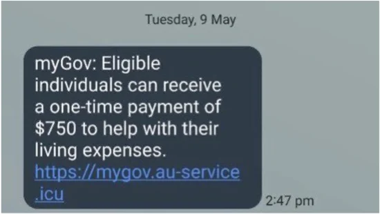 screenshot of myGov scam SMS trying to trick a user by saying they will receive $750