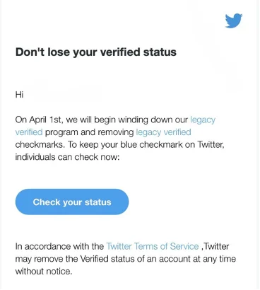 screenshot of twitter scam where threat actors try and trick a verified user into paying a fee to keep their status